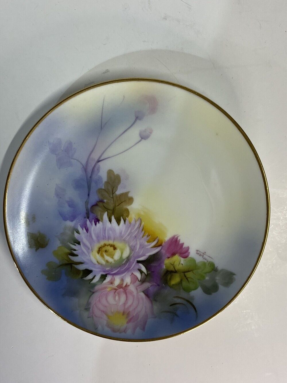 Noritake Hand Painted Porcelain Plate Floral Signed Howzan Chrysanthemums Lotus